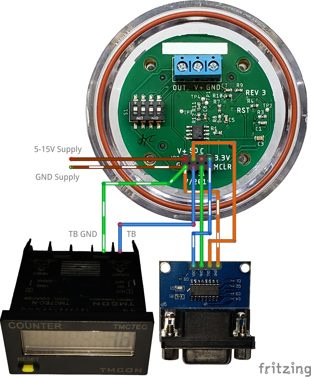 Diagram showing connections between the RG-15 and the RS232 adapter.